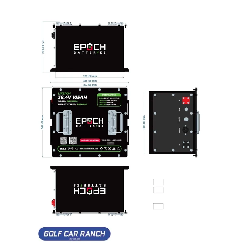 EPOCH 36V 105Ah, E-Z-GO - LiMax Series - Lithium (LiFePO4) Golf Cart Battery - Complete Kit