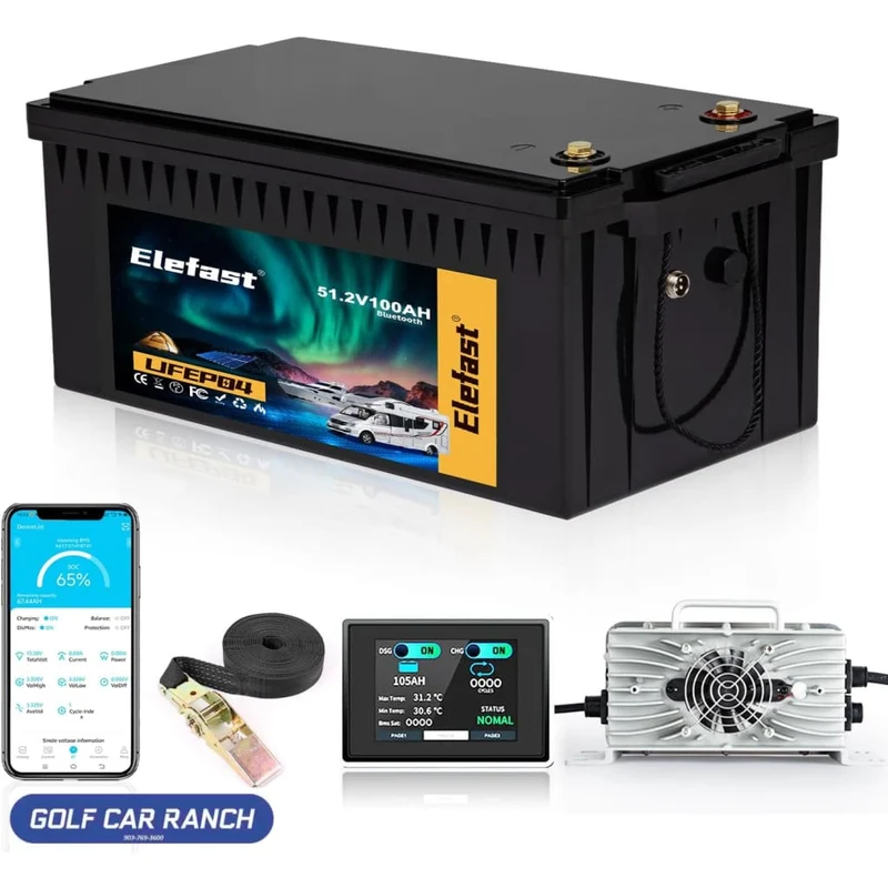 48V Lithium Battery Golf Cart,48V 100AH Golf Cart Batteries with 58.4V 18A Charger and LCD Touch Monitor,Built-in Smart 200A BMS and Bluetooth,Peak Current 600A