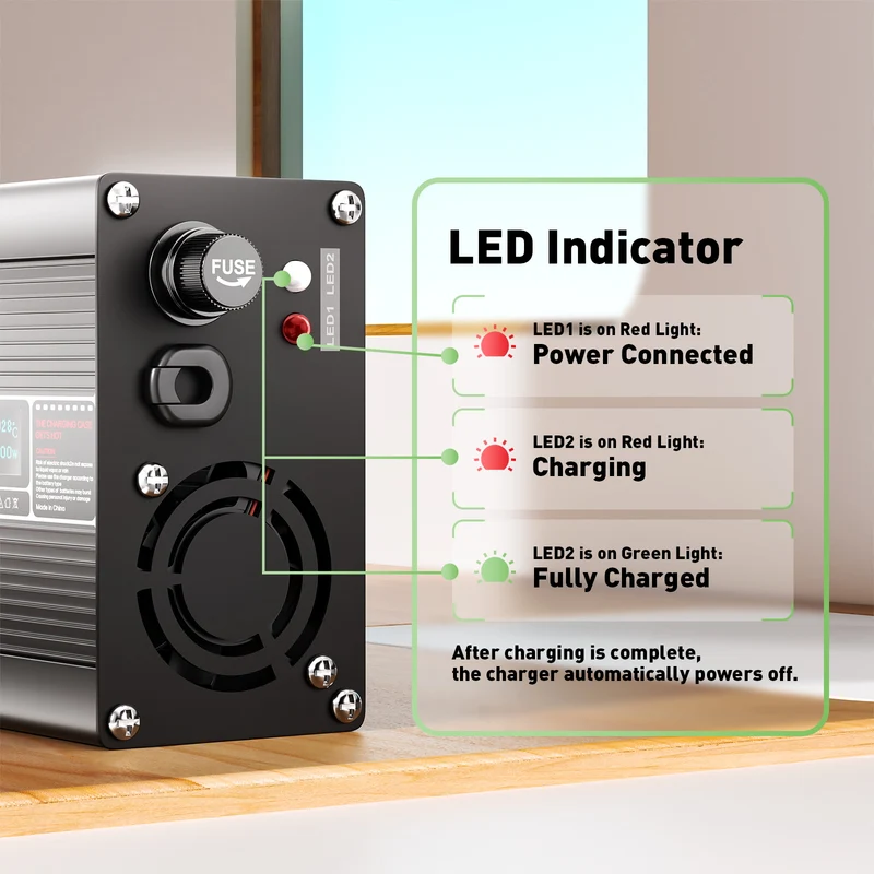 NOEIFEVO 24V 8A Lithium LiFePO4 Battery Charger, Charging Voltage 29.2V, with fan, aluminum housing, LCD screen