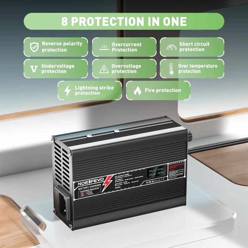 NOEIFEVO 24V 8A Lithium LiFePO4 Battery Charger, Charging Voltage 29.2V, with fan, aluminum housing, LCD screen